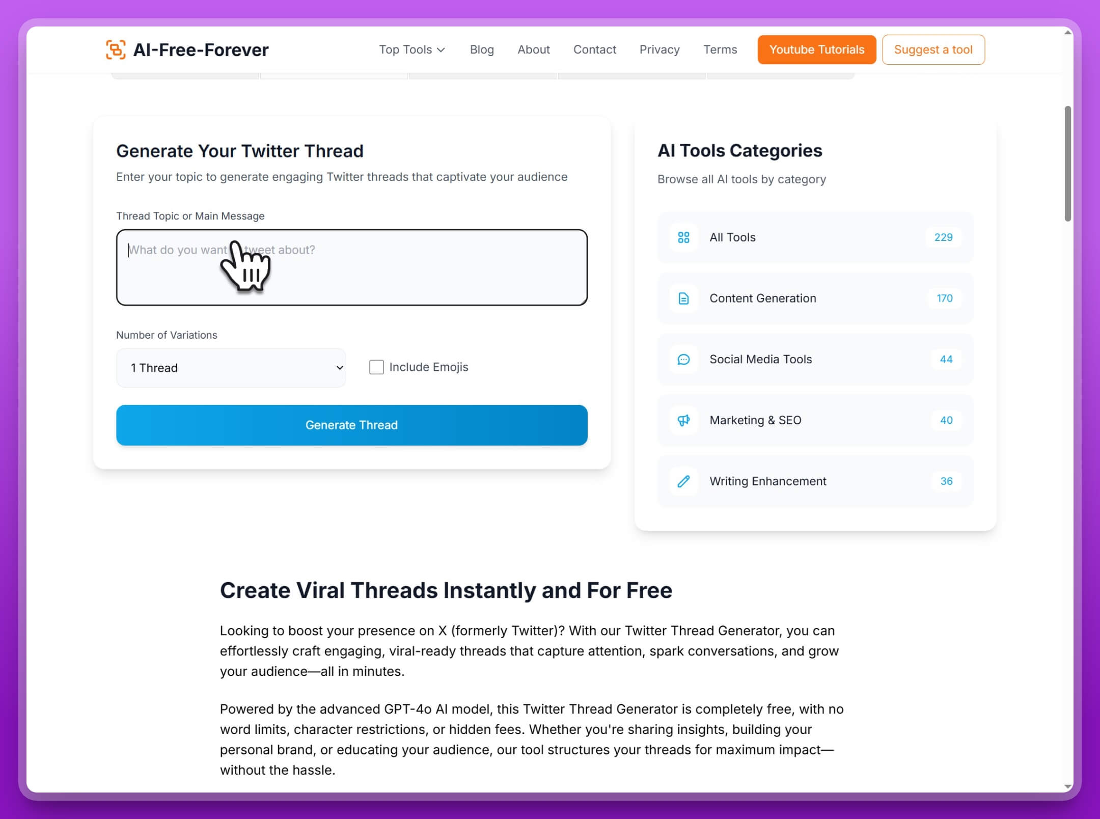 Step 1: Enter your Twitter thread topic in the AI generator interface